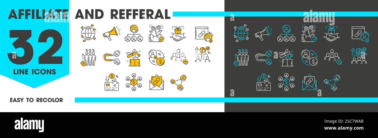 icone della linea del programma di affiliazione e di riferimento. Set vettoriale di cartelli di contorno, handshake, connessioni di rete, avatar degli utenti, catene di collegamento e magnete, megafono Illustrazione Vettoriale