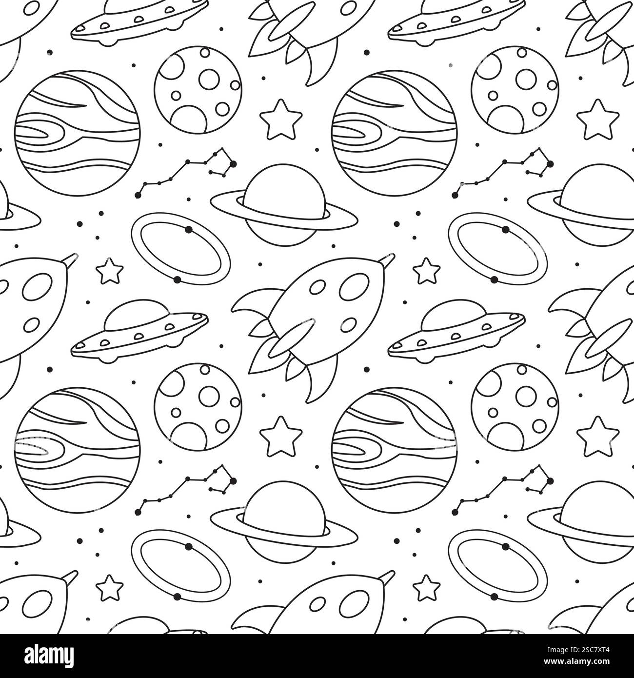 Schema senza cuciture dell'esplorazione dello spazio esterno con astronauti e pianeti galleggianti nell'illustrazione del design piatto dei cartoni animati Illustrazione Vettoriale