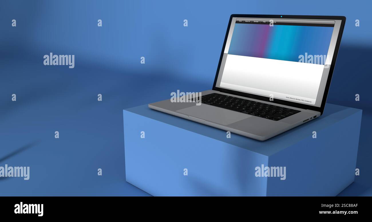 Apri il notebook con la pagina Web sullo schermo su un tavolo blu su sfondo blu con illuminazione anteriore. Illustrazione 3D. Foto Stock