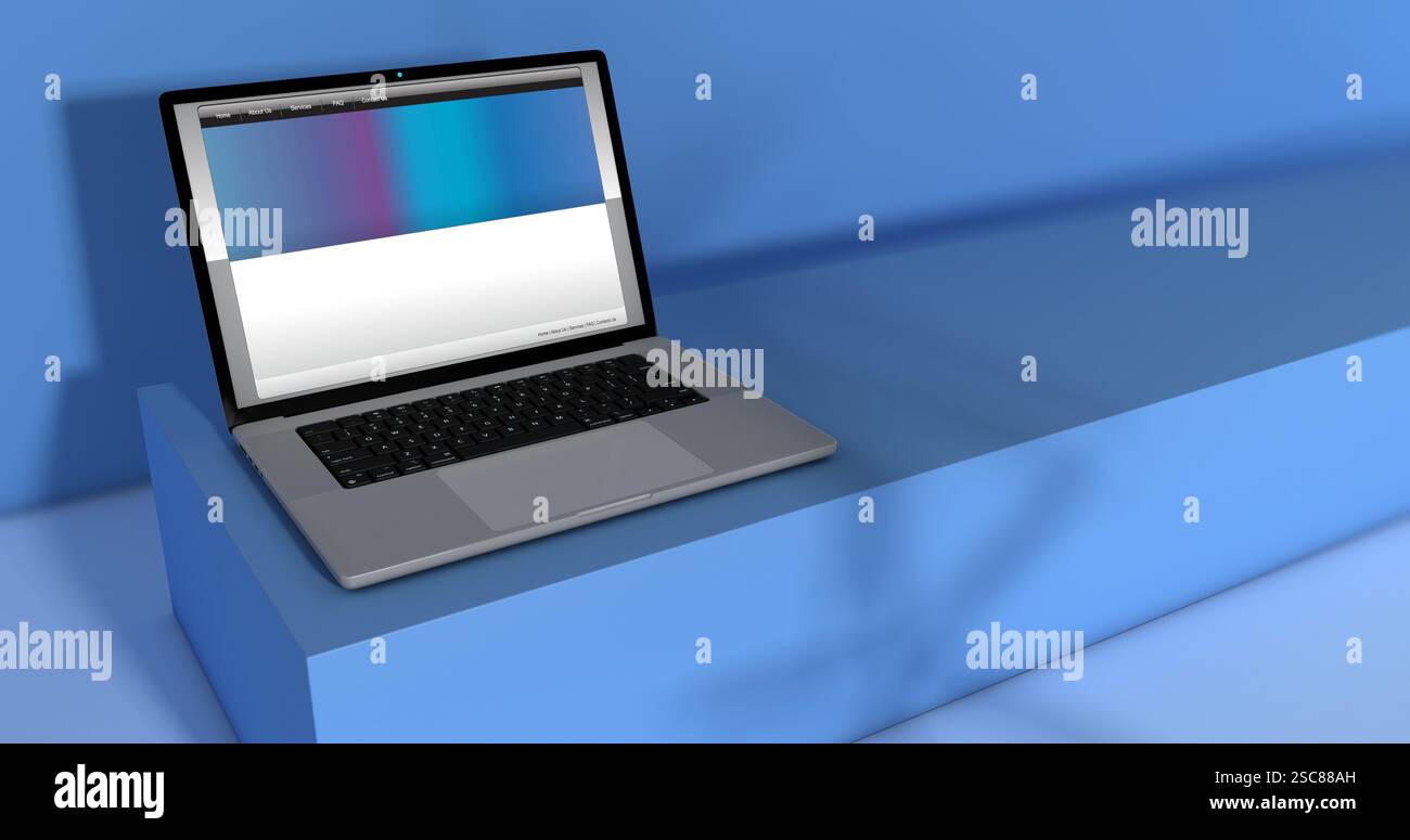 Aprire il notebook con la pagina Web sullo schermo, seduto su un blocco blu su sfondo blu con illuminazione anteriore. Illustrazione 3D. Foto Stock