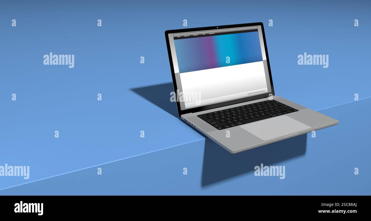 Aprire il notebook con la pagina Web sullo schermo, sul bordo del tavolo blu su sfondo blu con illuminazione anteriore. Illustrazione 3D. Foto Stock