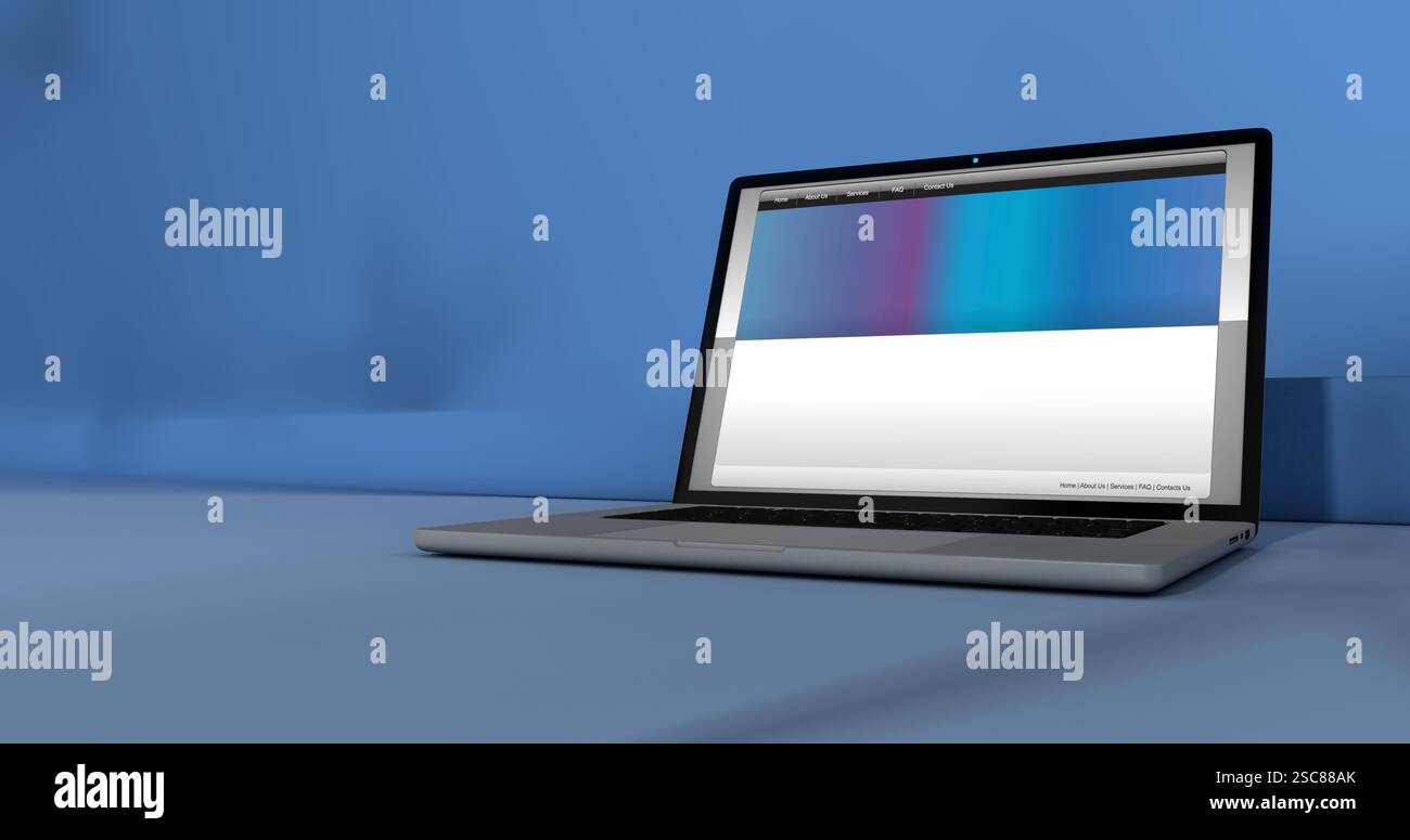 Apri il notebook con la pagina Web sullo schermo su una superficie blu su sfondo blu con illuminazione anteriore. Illustrazione 3D. Foto Stock
