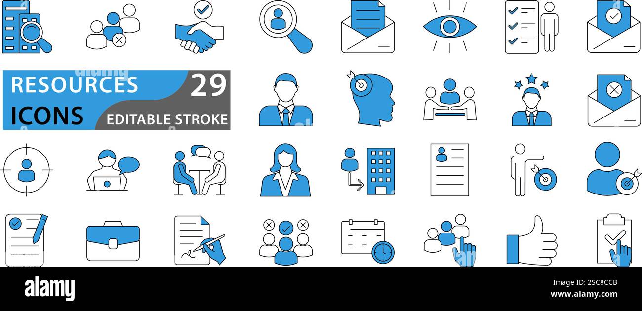 Risorsa umana, set di icone. Ricerca di lavoro e ricerca di dipendenti. Colloqui e reclutamento, icone lineari. lavoro di squadra, uomini d'affari. impostare le icone con editabl Illustrazione Vettoriale