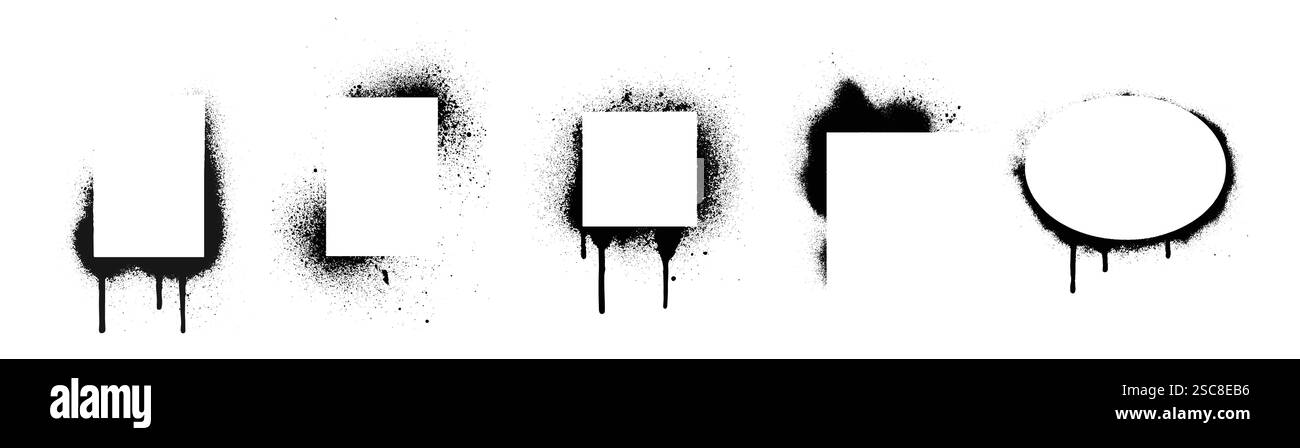 Cornici per stencil con vernice spray nera gocce e punti sparsi - collezione di forme geometriche monocromatiche con bordi rettangolari e ovali. Elementi di Street art urbana per un design moderno. Illustrazione Vettoriale