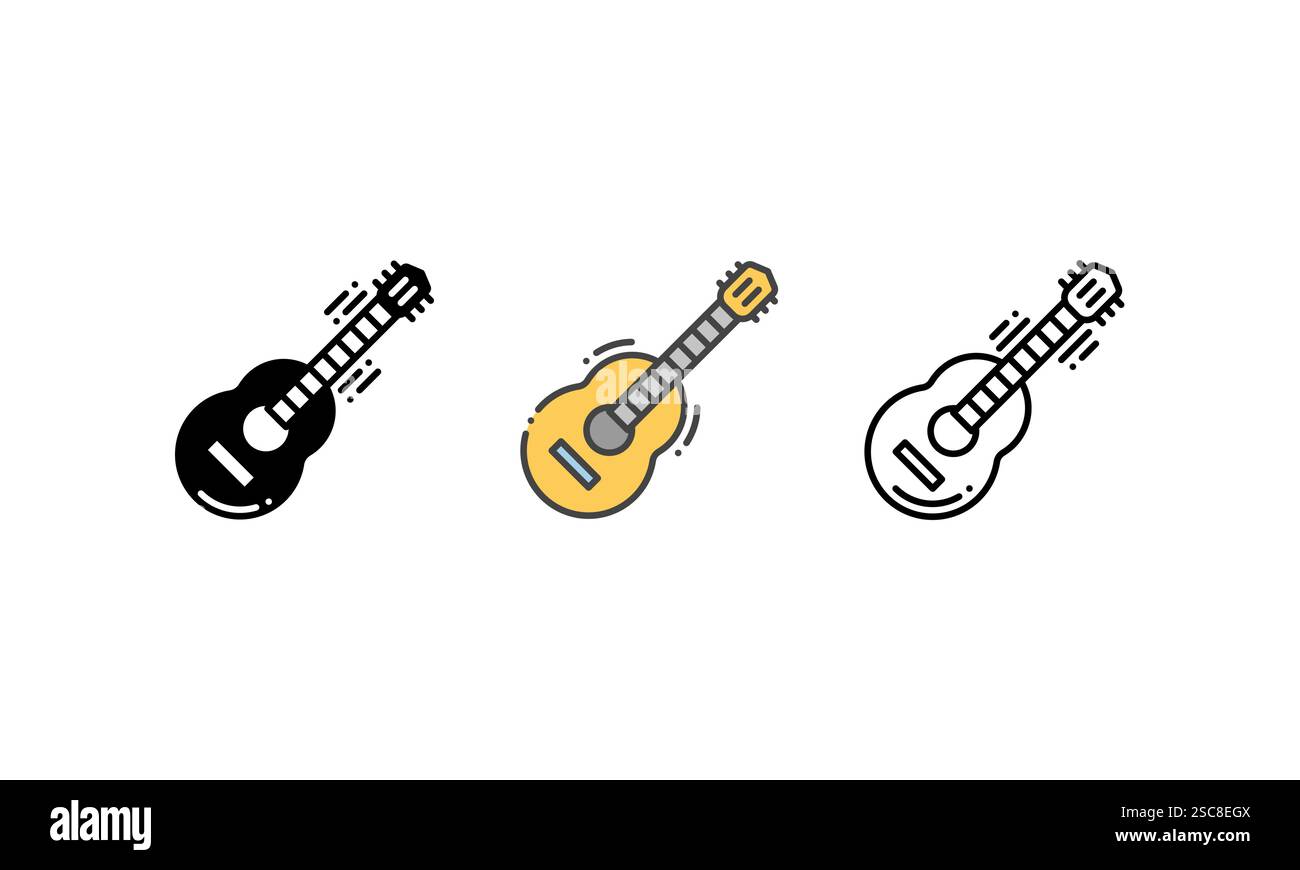 icona della chitarra acustica - rappresenta strumenti musicali, intrattenimento e hobby. Icona vettoriale con contorno, glifo e stile contorno riempito Illustrazione Vettoriale