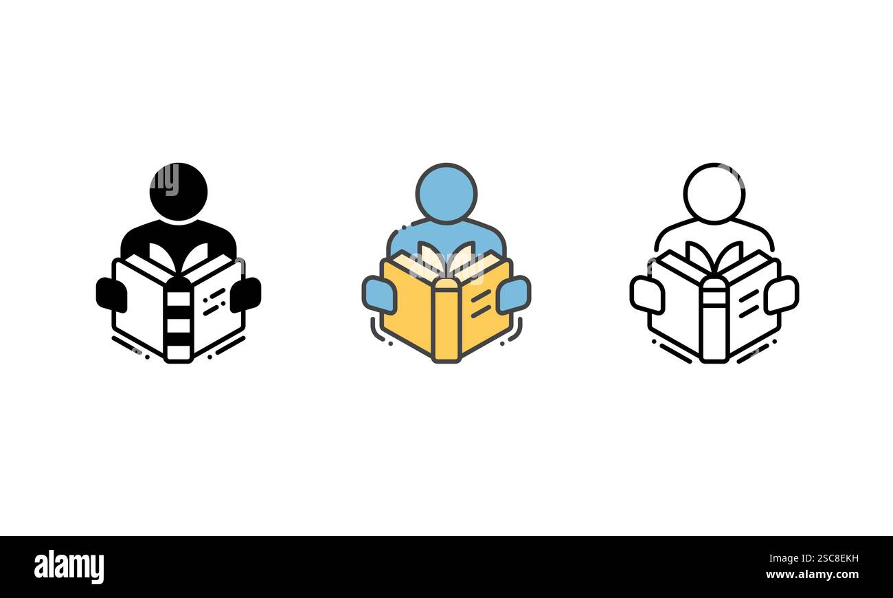 icona vettoriale di una persona che legge un libro, che rappresenta l'hobby della lettura. Contorno, glifo e stile contorno riempito Illustrazione Vettoriale