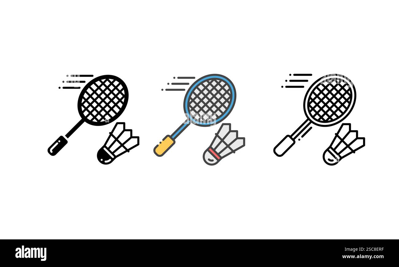 icona di badminton - con racchetta e rubinetto. Icone vettoriali con contorno, glifo e stile contorno pieno Illustrazione Vettoriale