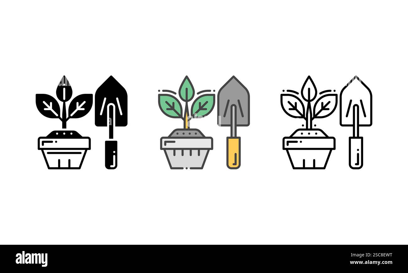 Icona di giardinaggio vettoriale con una cazzuola da giardino e una pentola con una pianta giovane, che simboleggia l'hobby del giardinaggio e della cura delle piante. Profilo, Glyph e Fi Illustrazione Vettoriale