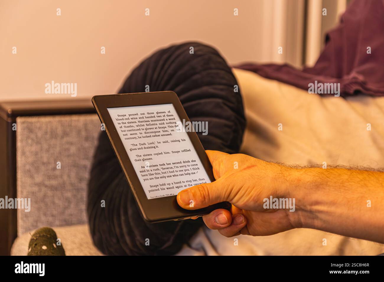 Una persona possiede un lettore elettronico, coinvolto in una storia digitale. La luce soffusa crea un'atmosfera rilassata, perfetta per leggere la letteratura durante l'e-book Foto Stock