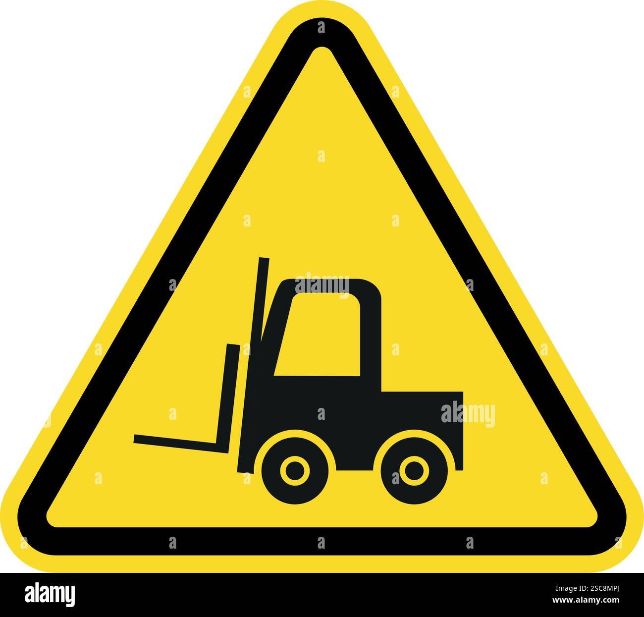 Segnale di pericolo carrello elevatore a forche. Sfondo giallo triangolo. Segnali e simboli di sicurezza. Illustrazione Vettoriale