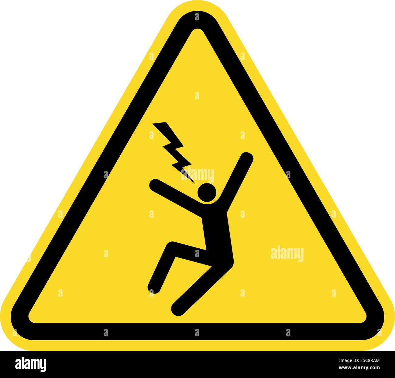 Segnale di avvertimento pericolo tensione di folgorazione. Sfondo giallo triangolo. Simboli e simboli di sicurezza elettrica. Illustrazione Vettoriale