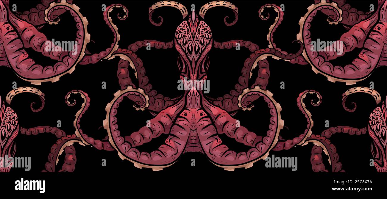 Motivo vettoriale senza cuciture con polpi inquietanti su sfondo nero. Texture con abitanti del mare con tentacoli per carte da parati e tessuti. Illustrazione Vettoriale