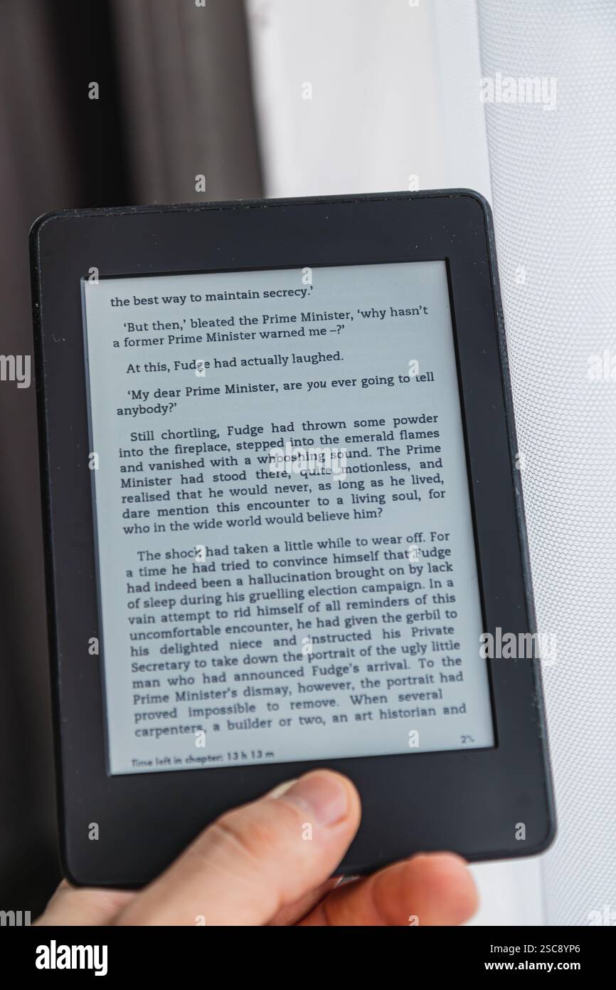 Seduto comodamente, un individuo legge un e-book, immergendosi nella narrazione. L'atmosfera circostante è tranquilla e invitante, perfetta per viziarsi Foto Stock