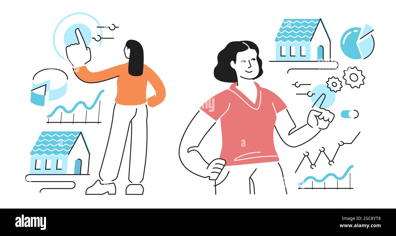 Controlla il dispositivo domestico intelligente. Analisi e ricerca del mercato immobiliare. Illustrazione vettoriale Illustrazione Vettoriale