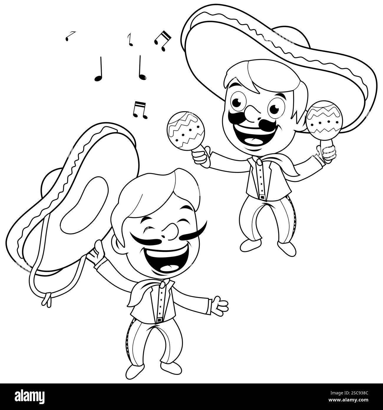 Cartoni animati musicisti messicani mariachi uomini che suonano le maracas e cantano. Festa di Cinco de Mayo. Pagina da colorare in bianco e nero. Foto Stock