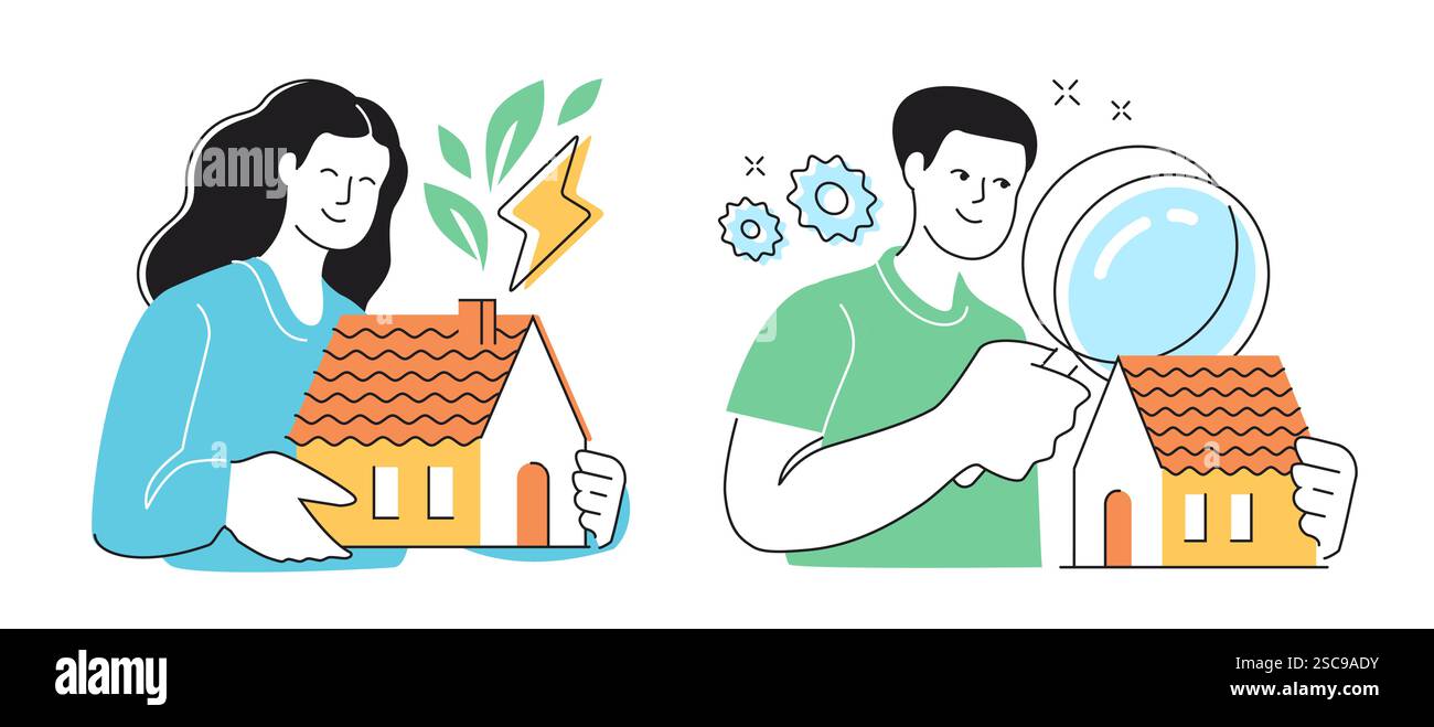 Ricerche di mercato immobiliare. Efficienza energetica. Proprietà immobiliare, pianificazione finanziaria nei servizi abitativi Illustrazione Vettoriale