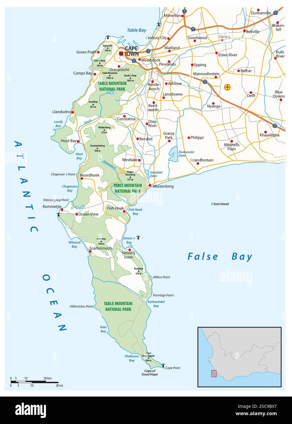 Mappa stradale vettoriale della Penisola del Capo, Città del Capo, Sud Africa Foto Stock