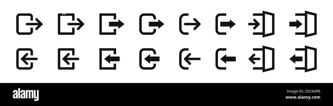 Icone di accesso e disconnessione impostate. Accedi, esci dalla raccolta di simboli. Illustrazione vettoriale. Illustrazione Vettoriale