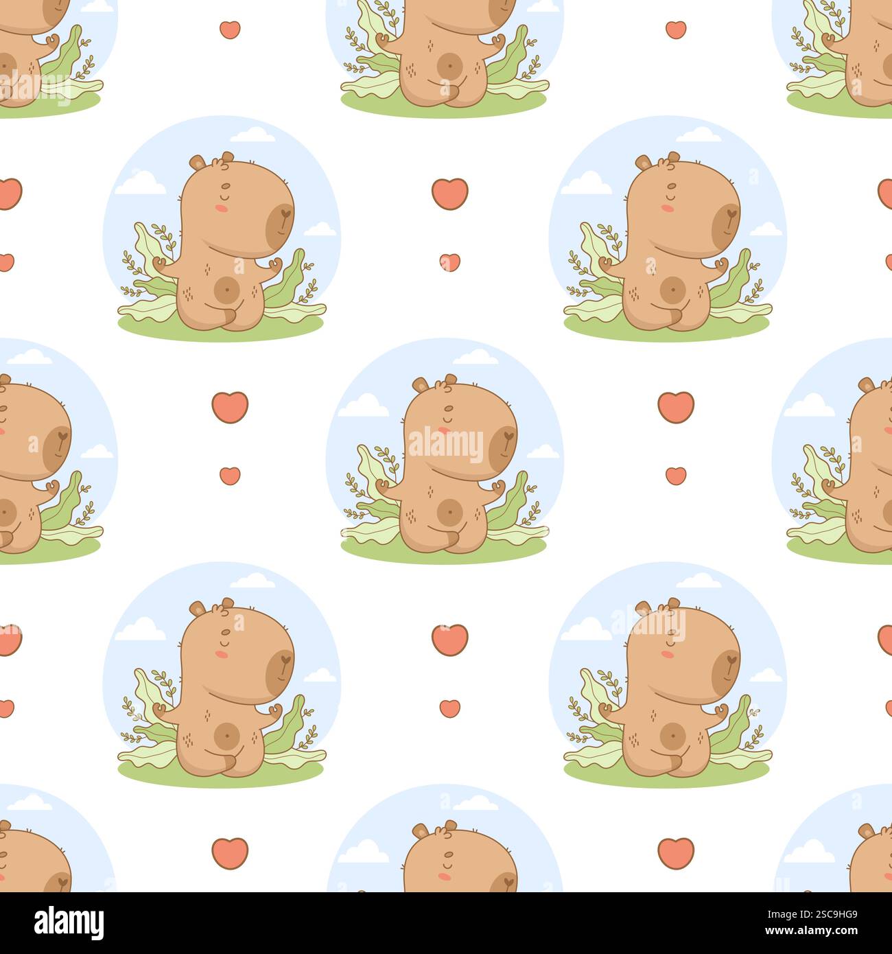 Il carino capybara Seamless Pattern medita in posa di loto in natura. Divertente yogi animato kawaii su sfondo bianco con cuori. Illustrazione vettoriale Illustrazione Vettoriale