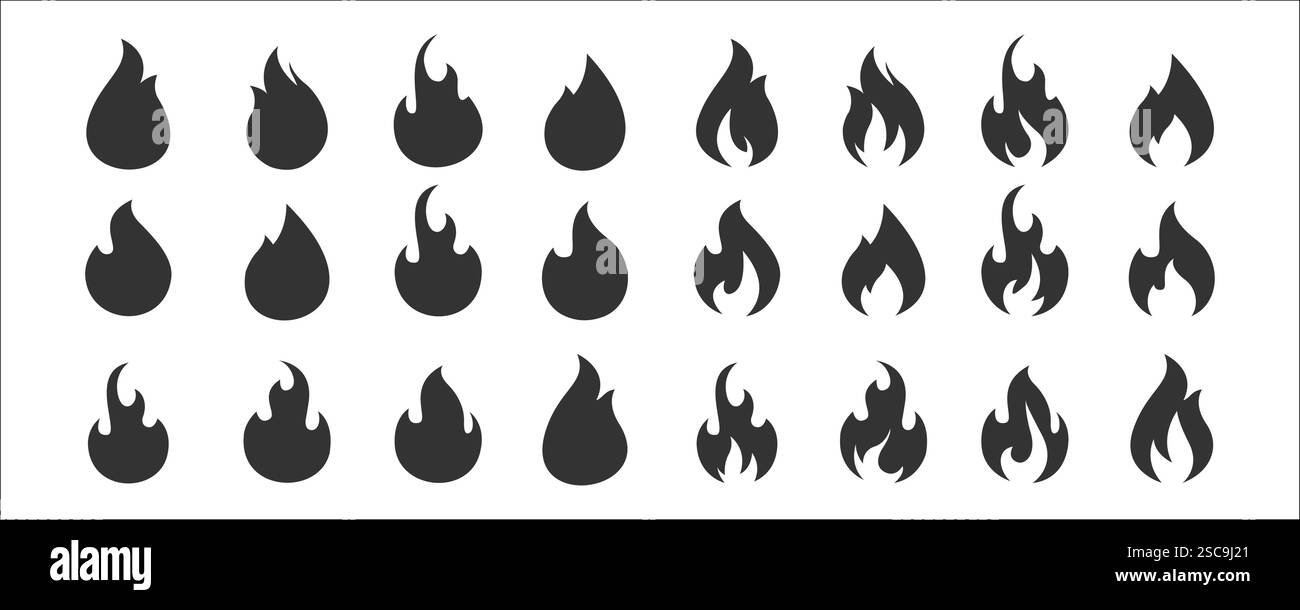 Set di vettore icona fuoco. Simbolo della fiamma. Collezione di icone di fiamma Illustrazione Vettoriale