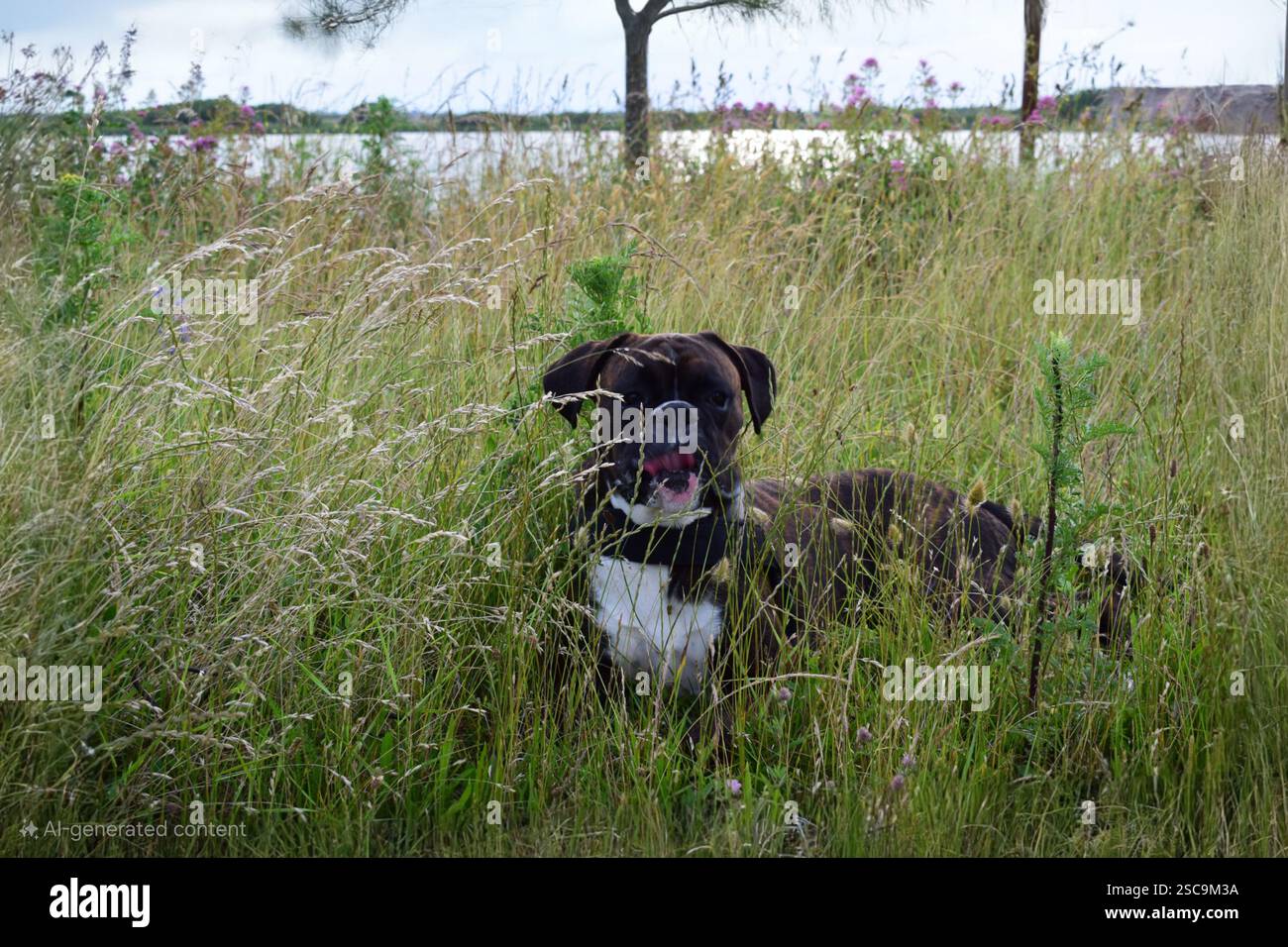 Il mio cane pugile nascosto nell'erba lunga Foto Stock