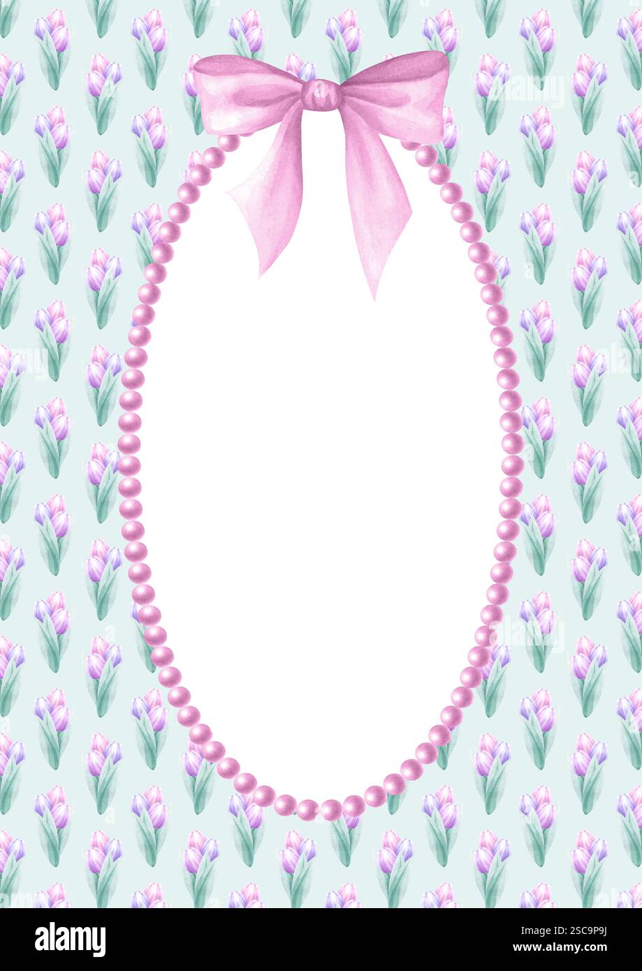 Cornice ovale con mazzi di tulipani rosa e lilla, fiocco e collana. Disegna a mano il modello di cartolina verticale isolato ad acquerello con spazio di copia per il testo per il biglietto d'auguri per la festa della mamma e della donna e per il design. Foto Stock