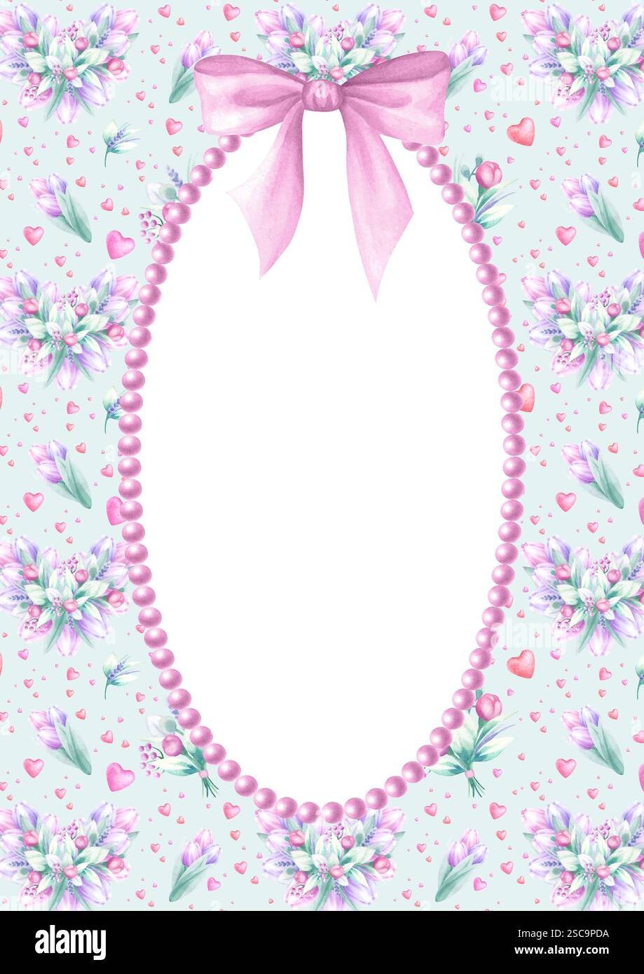 Cornice ovale con mazzi di tulipani rosa e lilla, fiocco e collana. Disegna a mano il modello di cartolina verticale isolato ad acquerello con spazio di copia per il testo per il biglietto d'auguri per la festa della mamma e della donna e per il design. Foto Stock