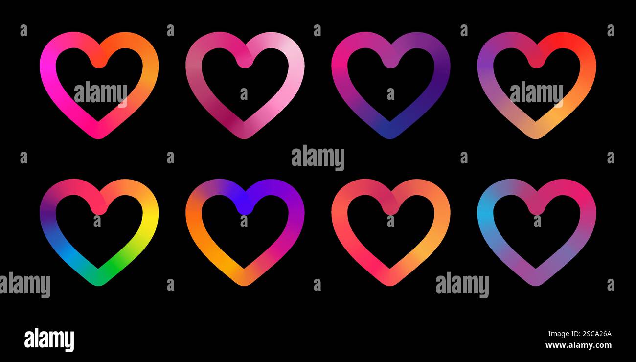 Set di contorni del cuore sfumati con colori vivaci su sfondo nero. Perfetto per progetti romantici, San Valentino o progetti a tema d'amore. Illustrazione Vettoriale