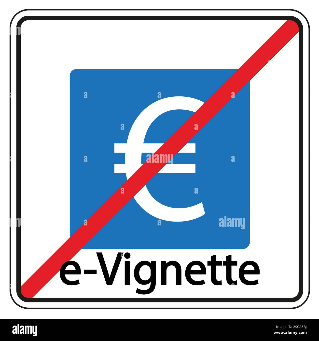 Striscia diagonale rossa che attraversa un quadrato blu con un simbolo europeo bianco e l'e-vignetta del testo Illustrazione Vettoriale