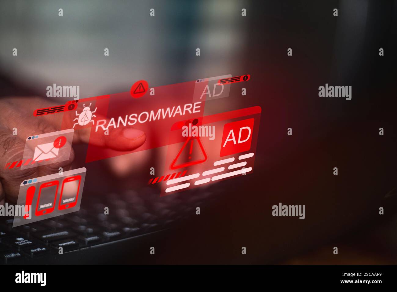 Attacco di malware avviso virus infezione di software dannoso , formazione sulla consapevolezza della sicurezza informatica per proteggere le informazioni aziendali dalla minaccia A. Foto Stock