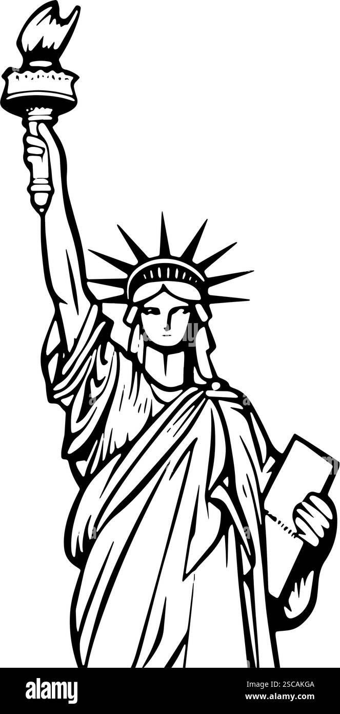 Illustrazione vettoriale lineare in bianco e nero della Statua della libertà in stile classico. Illustrazione Vettoriale