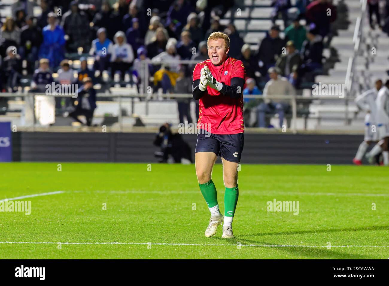 Cary, Carolina del Nord, Stati Uniti. 5 febbraio 2025. Il portiere del North Carolina FC TREVOR MULQUEEN (24) celebra una giocata difensiva durante la seconda metà dell'amichevole tra Charlotte FC e North Carolina FC al WakeMed Soccer Park di Cary, Carolina del Nord, il 5 febbraio 2025. Il North Carolina FC ha vinto 1 - 0. (Credit Image: © Israel anta via ZUMA Press Wire) SOLO USO EDITORIALE! Non per USO commerciale! Foto Stock