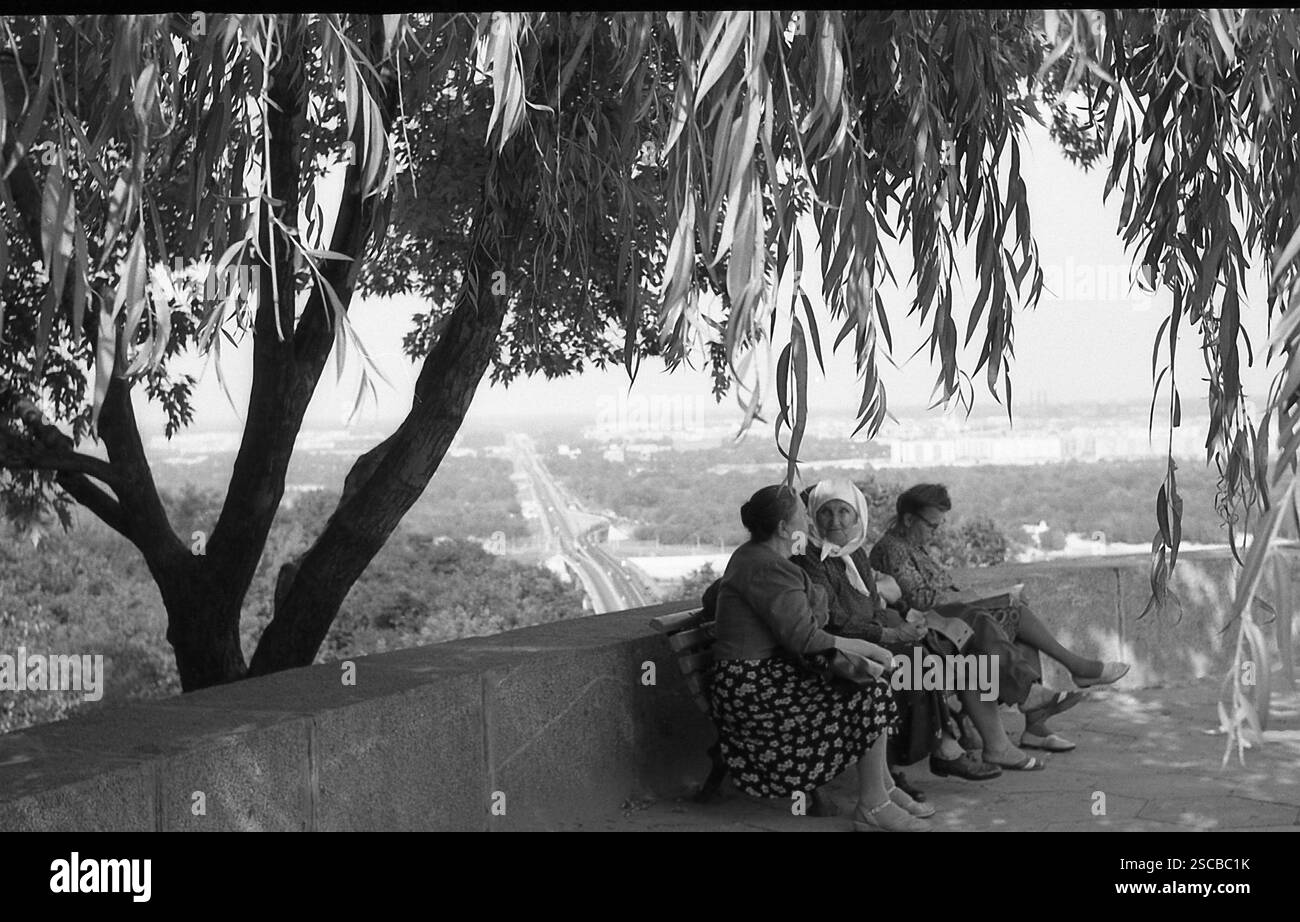 Donne anziane seduta su una panchina sotto un albero in Kiew. Foto Stock