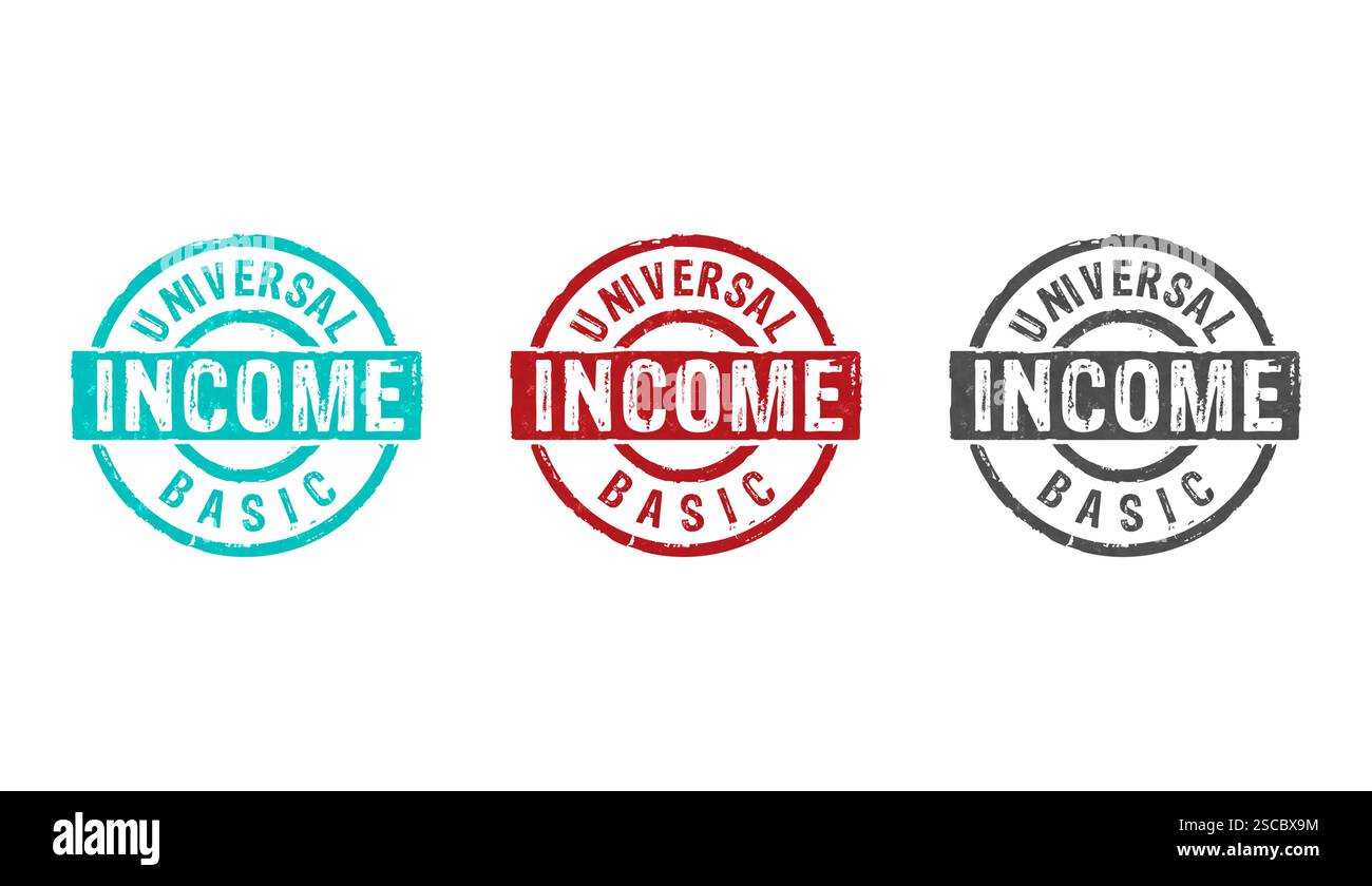 Icone di reddito Universal Basic in poche versioni a colori. Illustrazione del rendering 3D con concetto di retribuzione periodica dei cittadini. Foto Stock