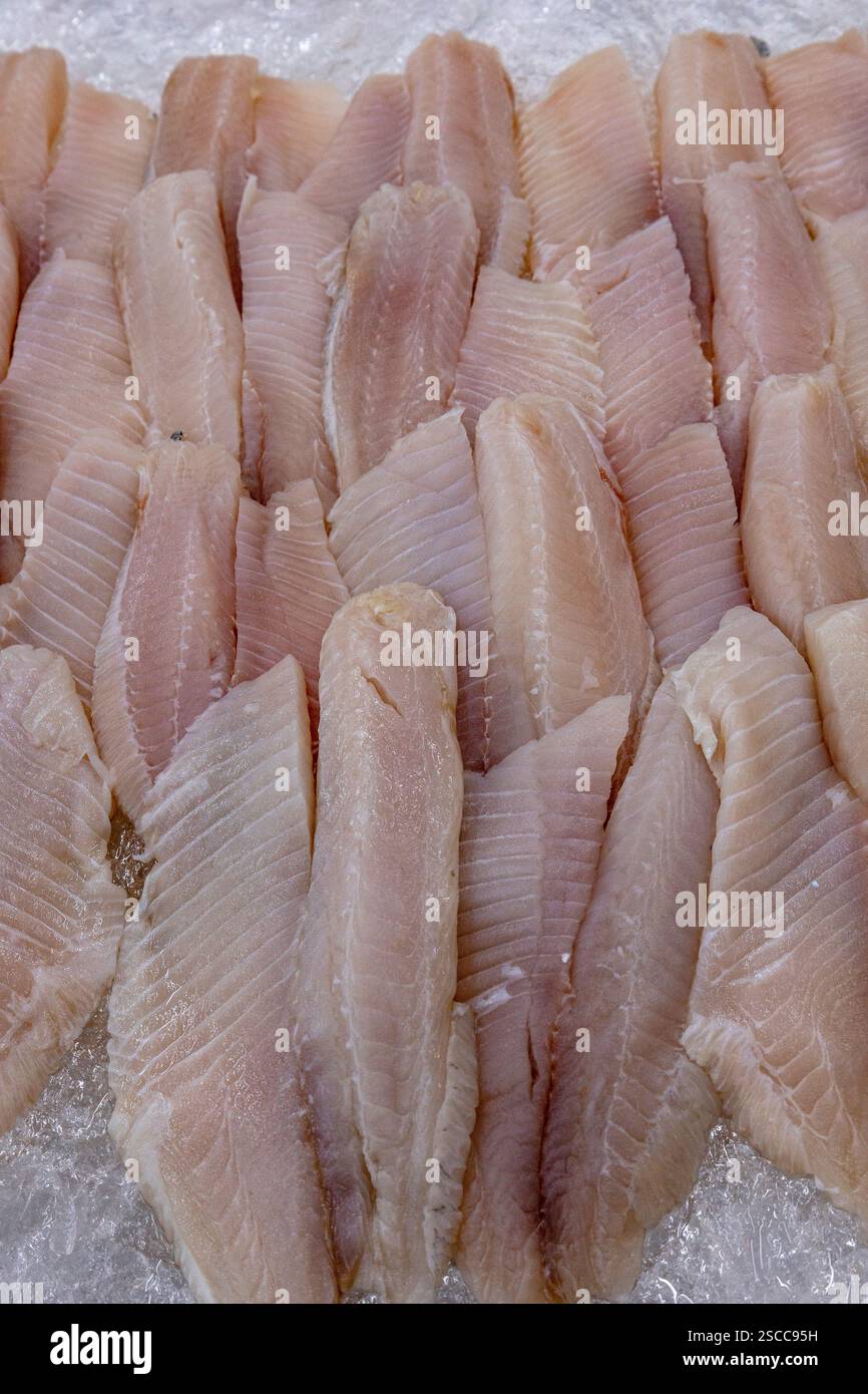 pesce filetto di nasello depositato nel ghiaccio sulla piattaforma del pescivendolo. Santos, Brasile. Nome e prezzo del pesce in portoghese Foto Stock