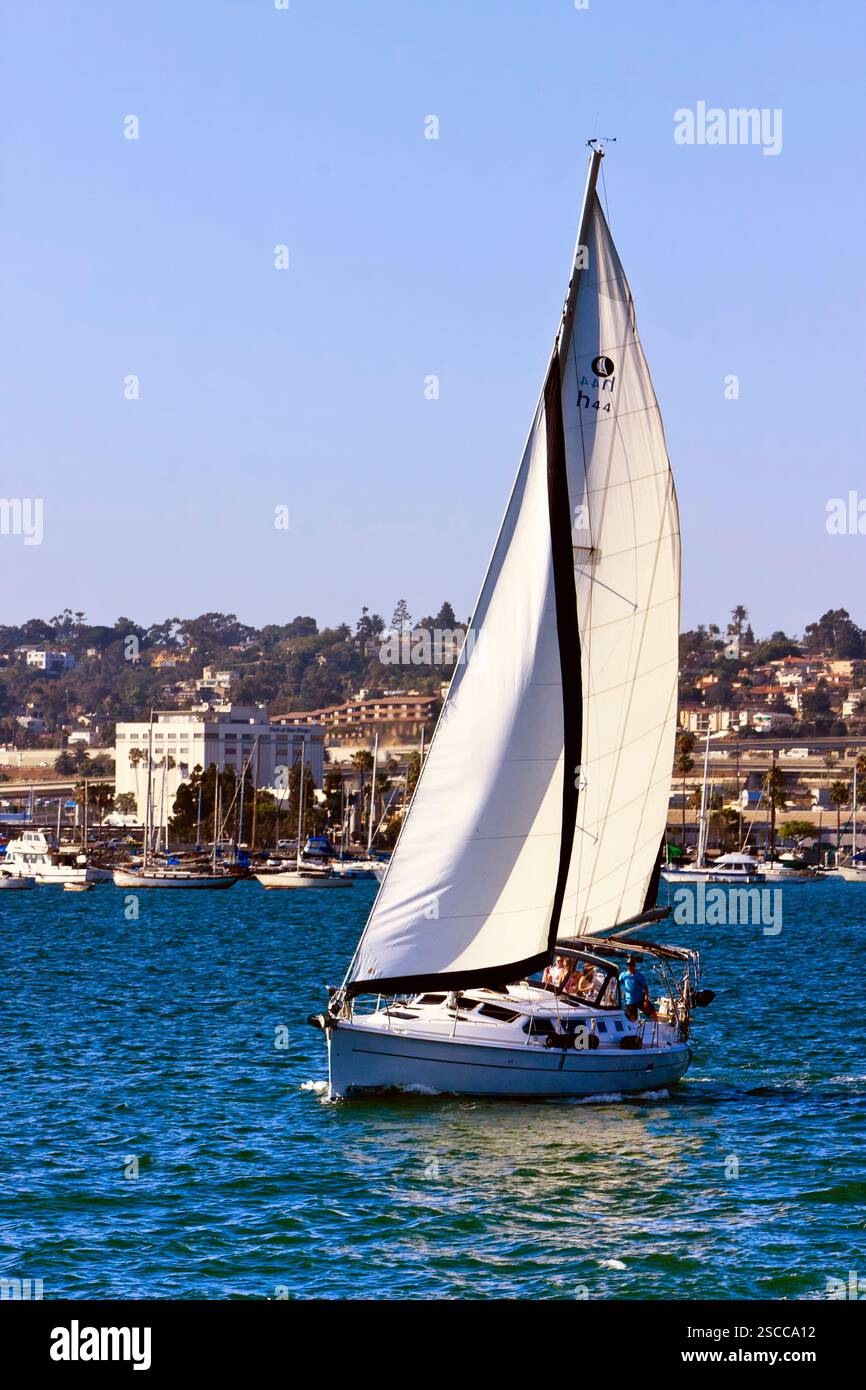 La barca a vela sta navigando nell'oceano con un cielo blu sullo sfondo. La barca a vela è bianca e nera Foto Stock