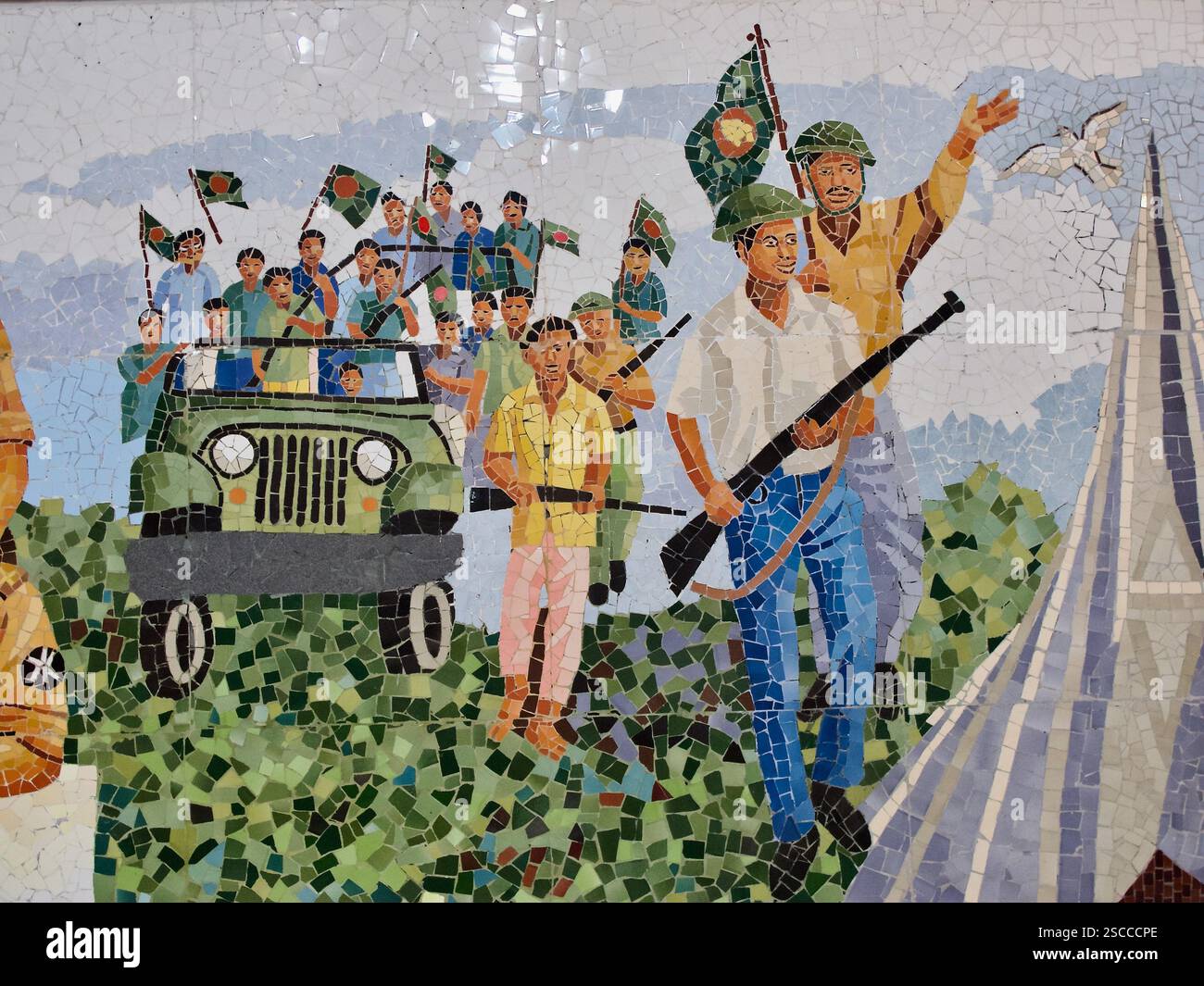 Mosaico all'aeroporto di Dacca raffigurante la guerra di liberazione del Bangladesh, il giorno della Vittoria e il National Martyrs' Memorial di Savar. Foto Stock