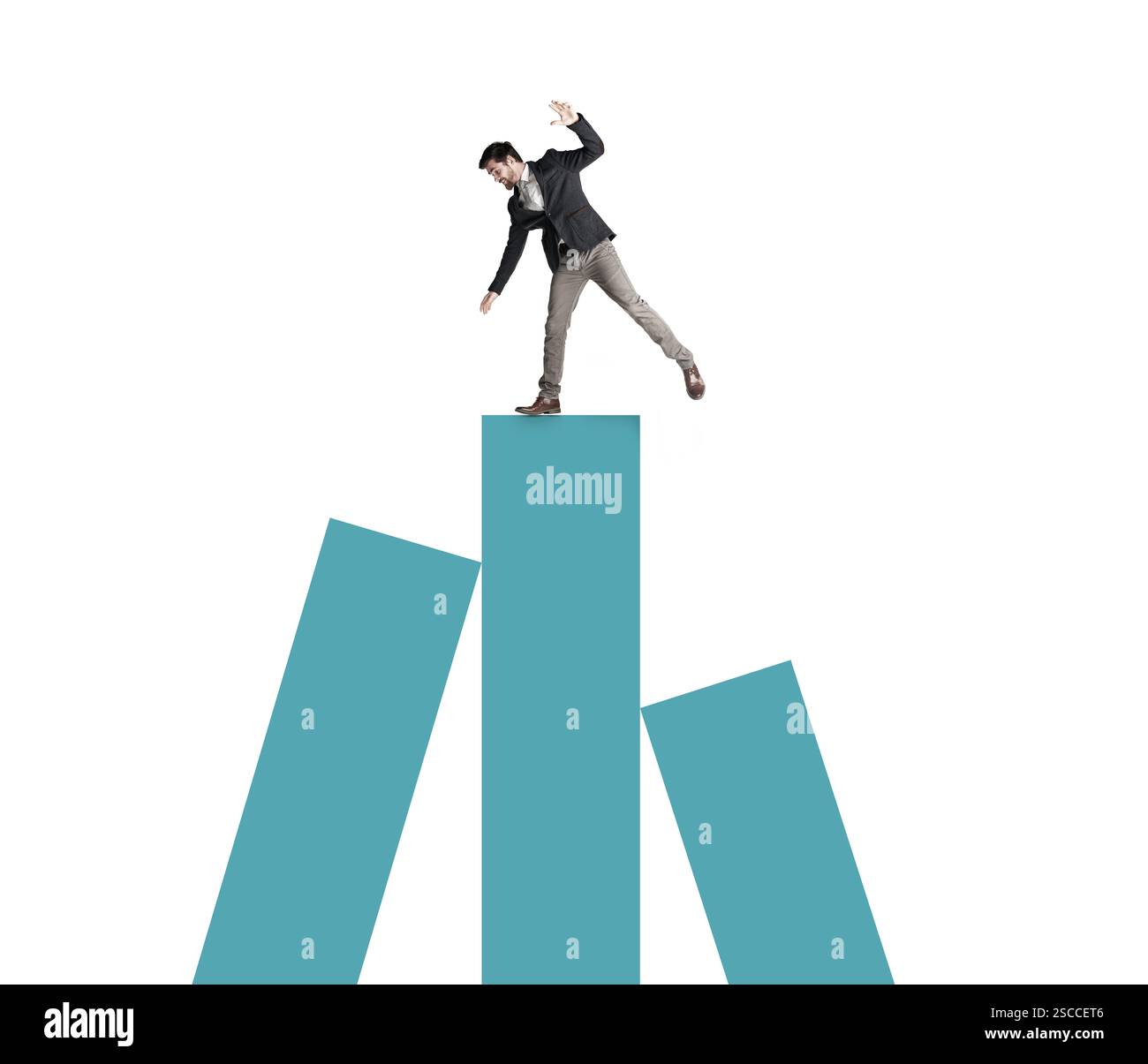 Crollo del mercato azionario, finanza o uomo su grafico per equilibrio, fluttuazione degli investimenti o tasso di interesse. Crisi finanziaria, studio o commerciante spaventato sui grafici Foto Stock