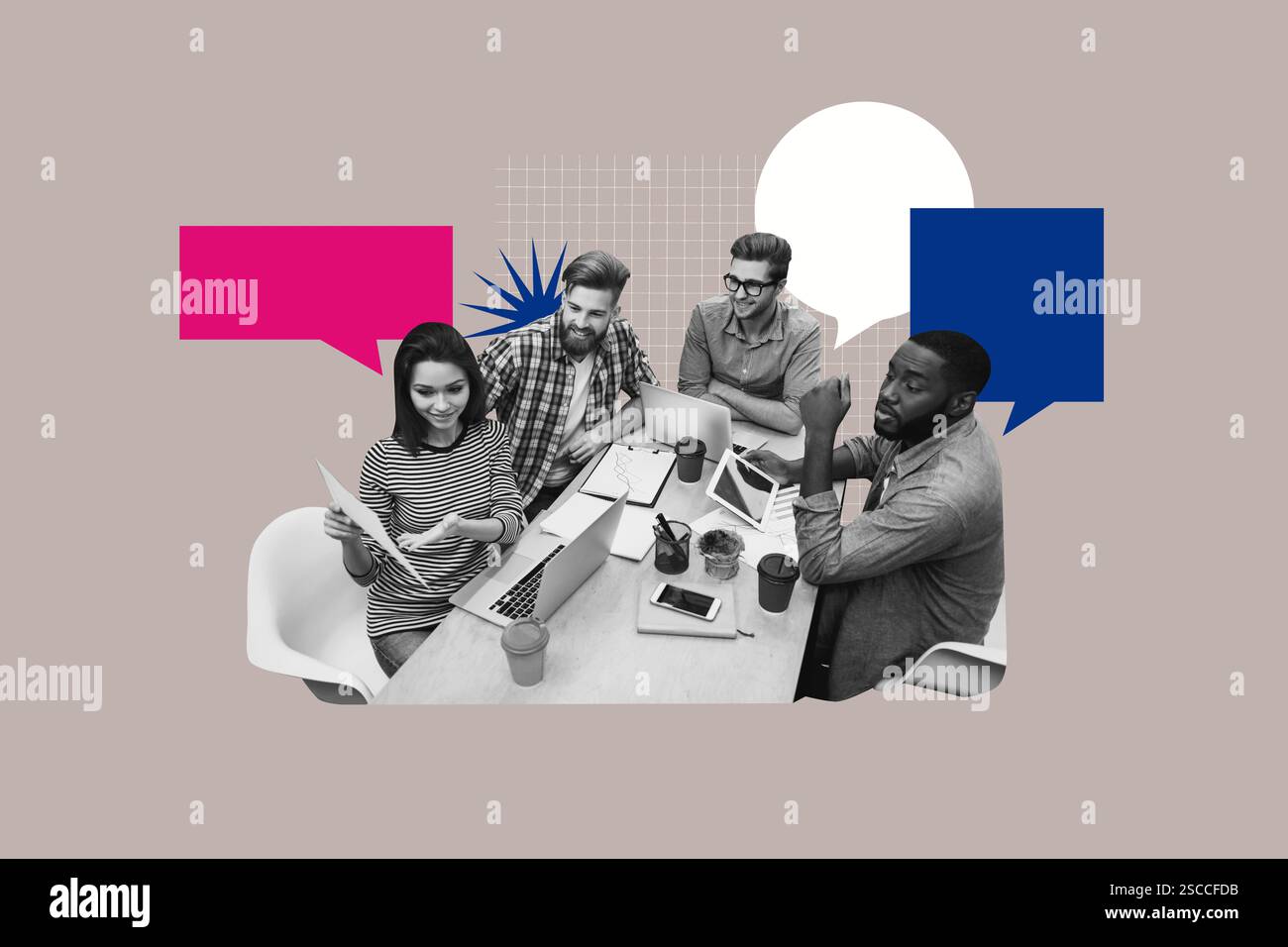 Modello di collage 3D modello grafica di tendenza schizzo di risorse umane recruitment manager colleghi coworking sit table chatting Foto Stock