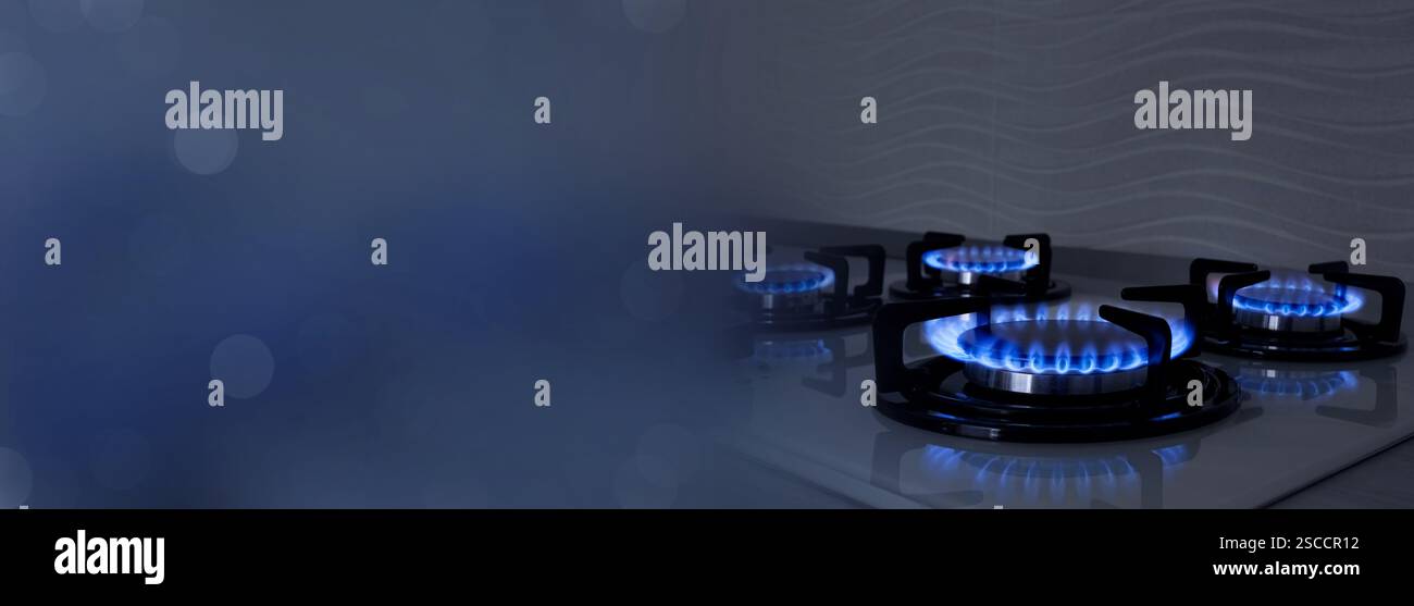 Bruciatori a gas con fiamma blu sul piano cottura, primo piano. Design banner con spazio per il testo Foto Stock