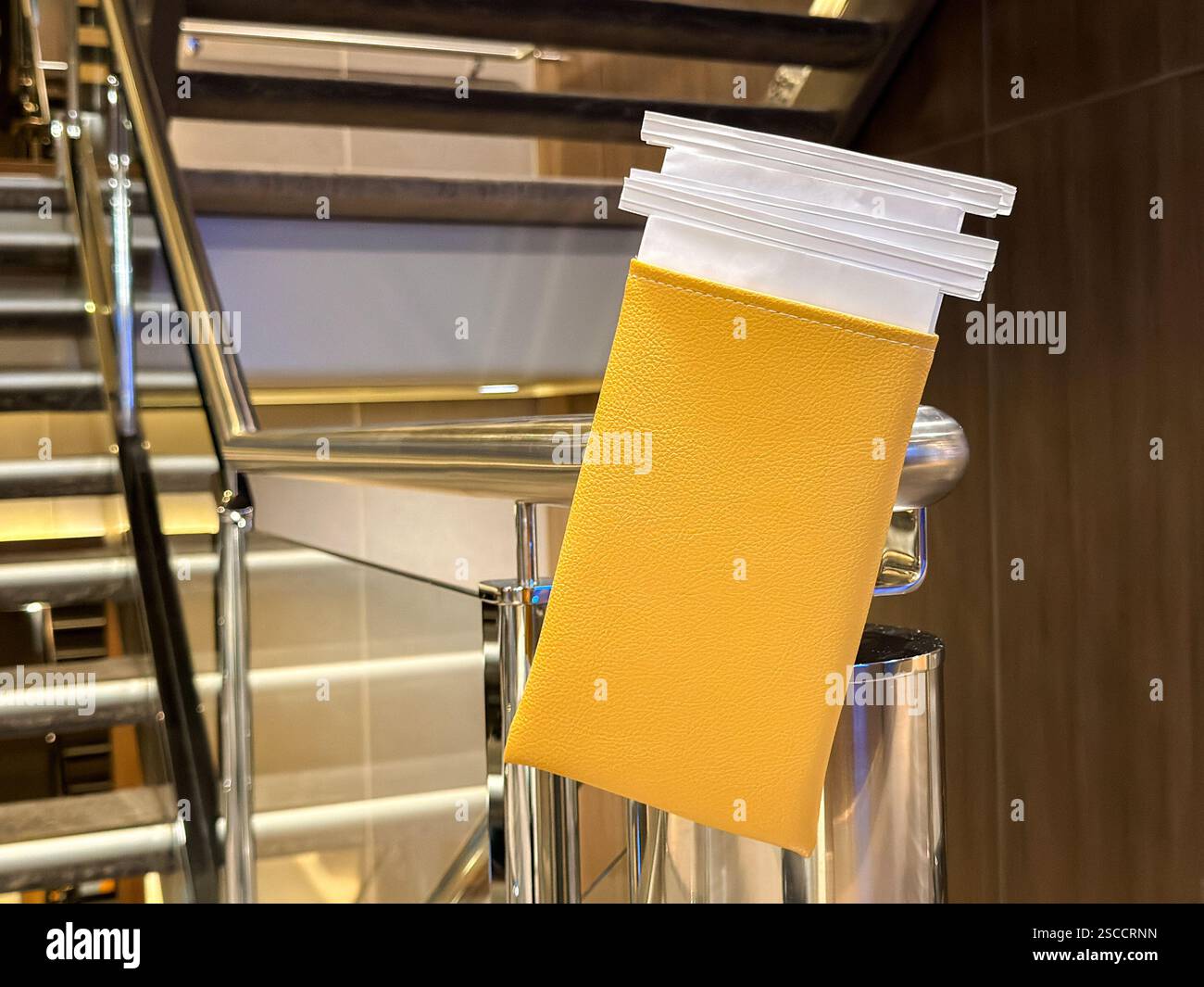 Borse per malati in un container fissato a una scala per l'uso da parte dei passeggeri su una nave da crociera - Immagine stock catturata con smartphone