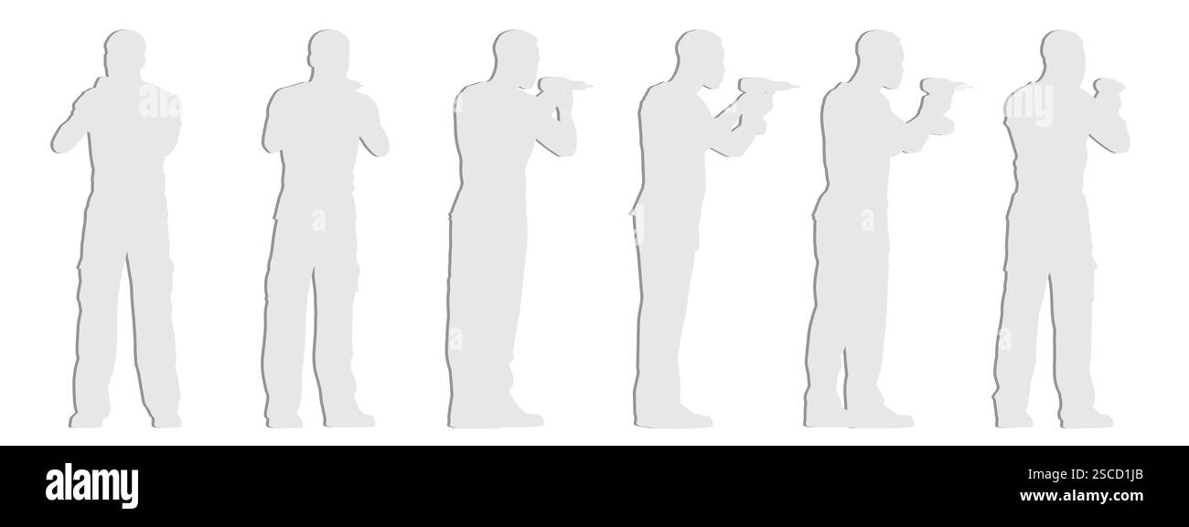 Concetto vettoriale la carta grigia concettuale ha tagliato la silhouette di un operaio edile con un martello perforatore da diverse prospettive isolato su bianco Illustrazione Vettoriale