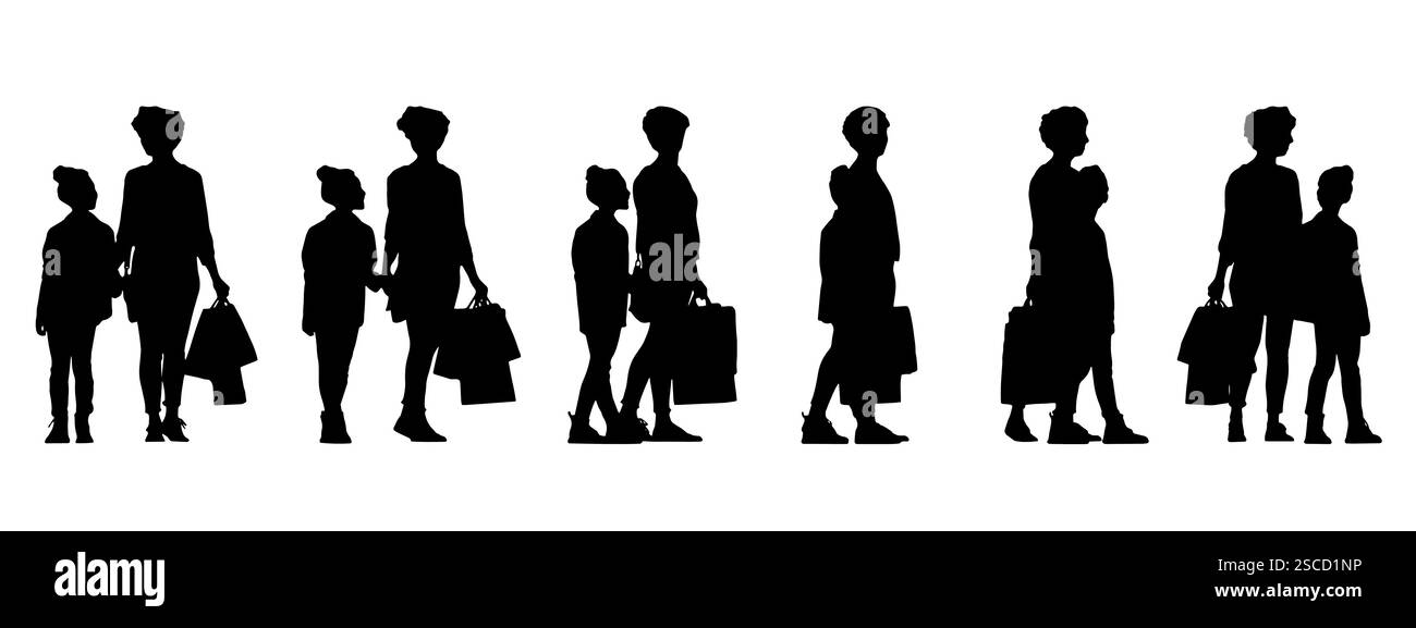 Concept vettoriale silhouette nera concettuale di una madre con sua figlia che fa acquisti da diverse prospettive isolata. Una metafora per la genitorialità Illustrazione Vettoriale