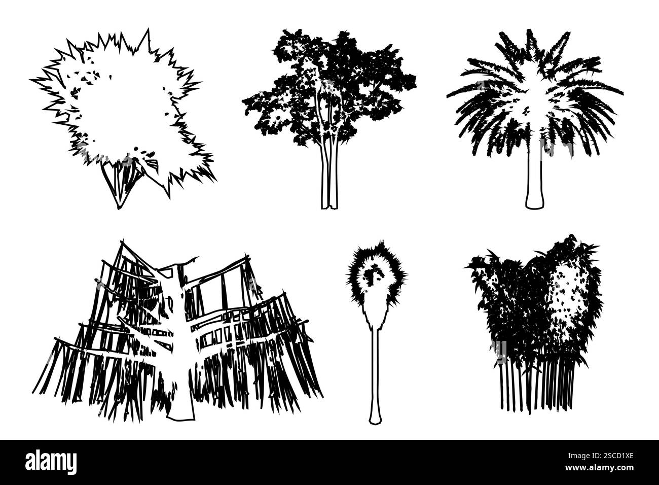 Impostare o raccogliere alberi come una linea nera disegnando silhouette su sfondo bianco. Concetto o vettore concettuale per la natura, il pianeta, l'ecologia Illustrazione Vettoriale