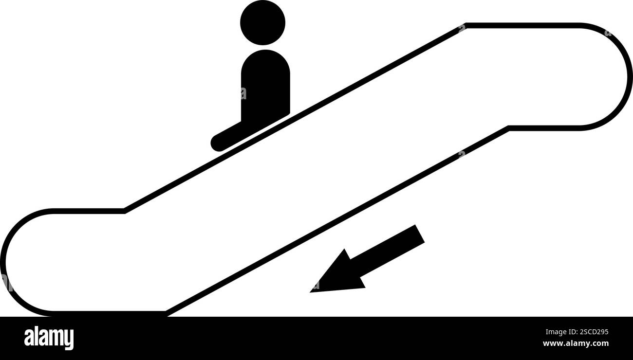 Icona di spostamento della scala mobile verso il basso della silhouette. Segnali e simboli dell'ascensore. Illustrazione Vettoriale