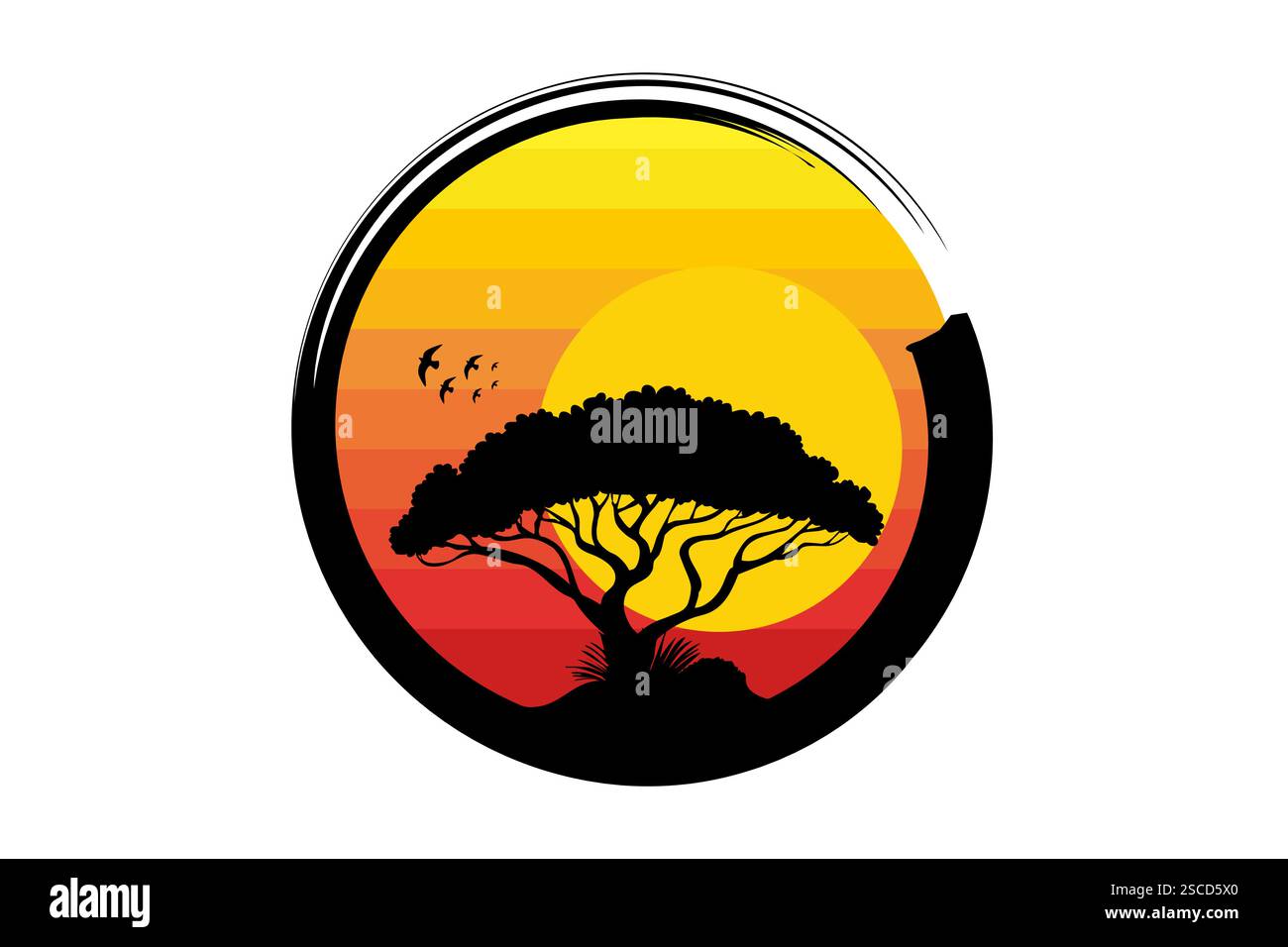 Logo Acacia, icona del tramonto African Safari, natura, pianta esotica per la stampa, il design o l'arte digitale. Simbolo circolare nero isolato Illustrazione Vettoriale