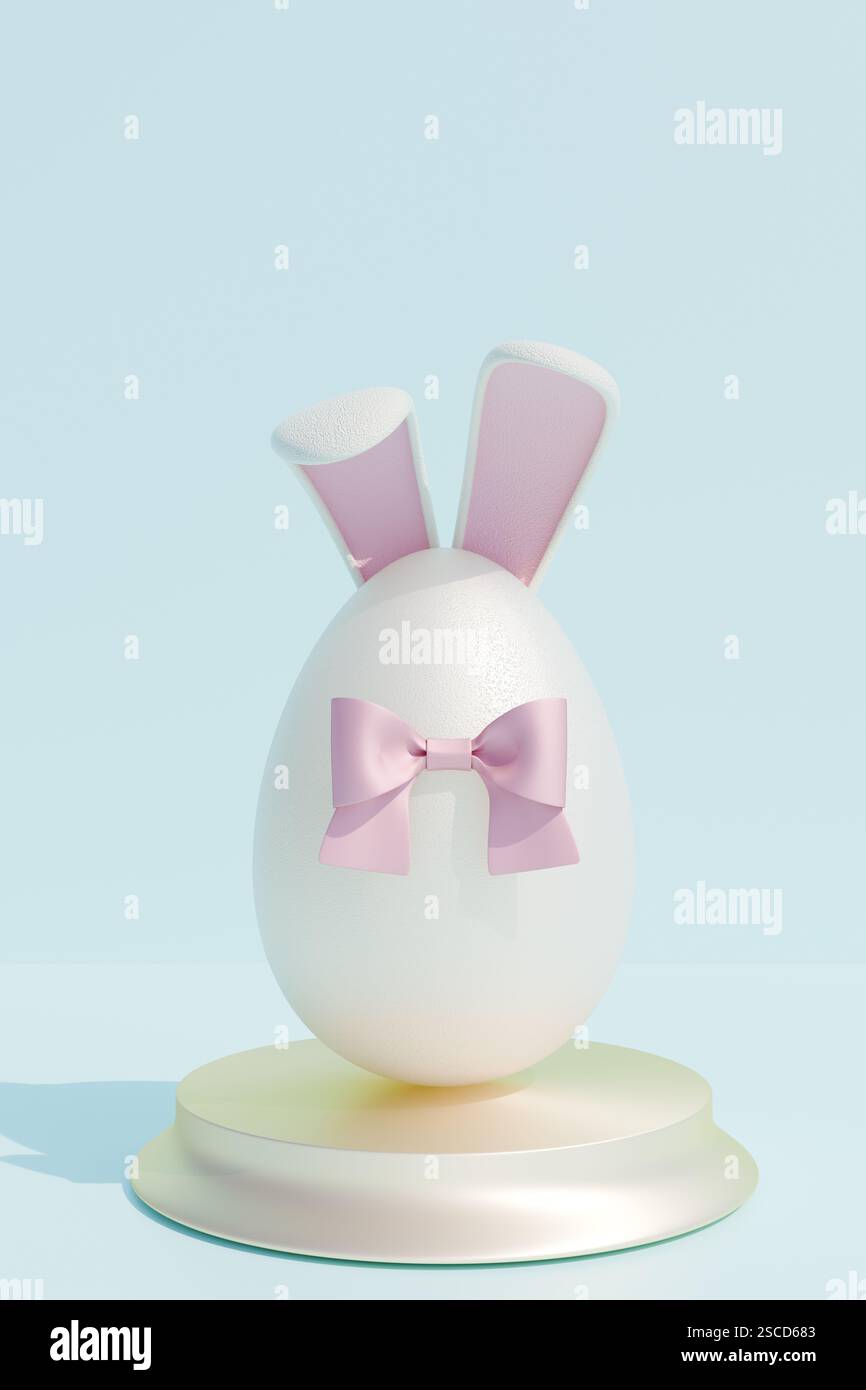 Uovo di Pasqua con orecchie da coniglietto e fiocco rosa, esposto su un piedistallo. rendering 3d. Foto Stock