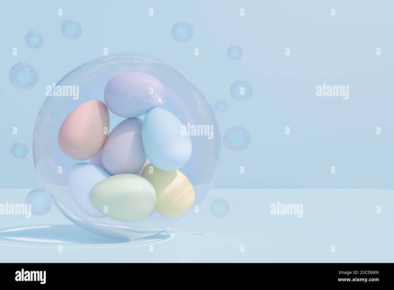 Uova di Pasqua colorate in una bolla su un morbido sfondo blu. rendering 3d. Foto Stock