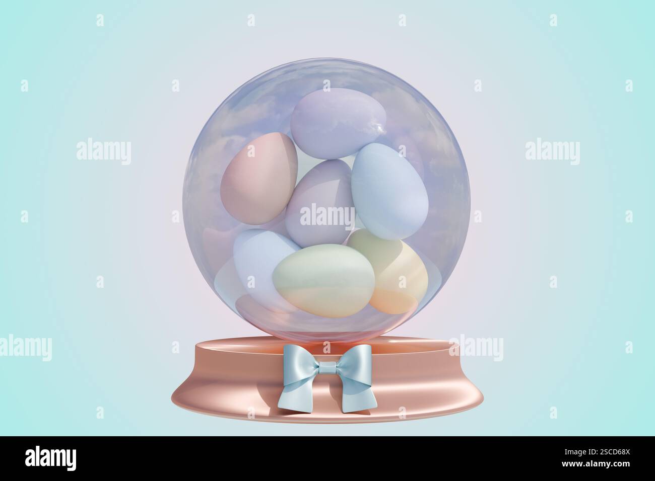Globo decorativo sulla neve con uova di Pasqua pastello all'interno, per celebrare la festa di Pasqua. rendering 3d. Foto Stock