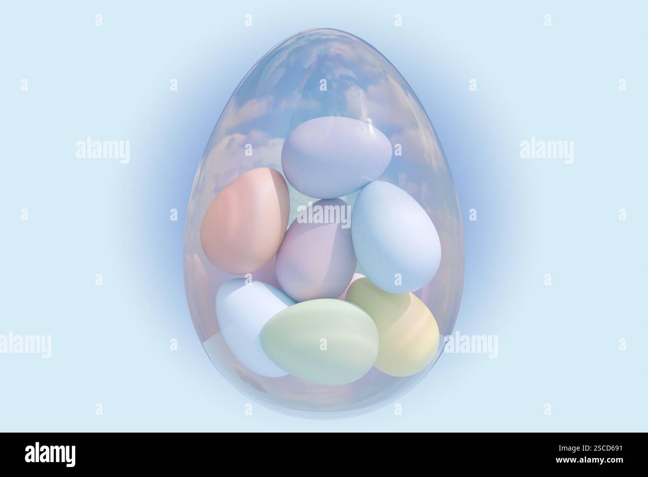 Uova di Pasqua colorate all'interno di un uovo di vetro decorativo. rendering 3d. Foto Stock